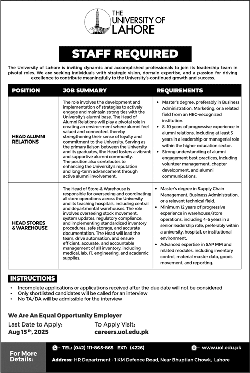 Jobs in The University of Lahore